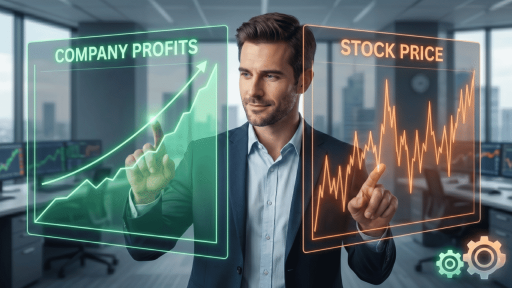Alt Text: Ek businessman futuristic holographic screens ke saamne hai. Left mein ek hara graphs hai jisme 'COMPANY PROFITS' badh raha hai, aur right mein ek orange graphs hai jisme 'STOCK PRICE' utar-chadhau ke baad badh raha hai. Niche ek gear icon hai.