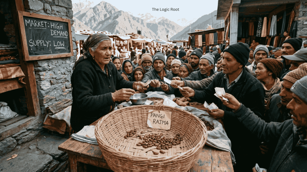 Why Do Stocks Go Up and Down Himachal ke Pangi Valley market mein ek local mahila se Rajma khareedne ke liye lagi bheed, jahan blackboard par 'Market: High Demand, Supply: Low' likha hai.