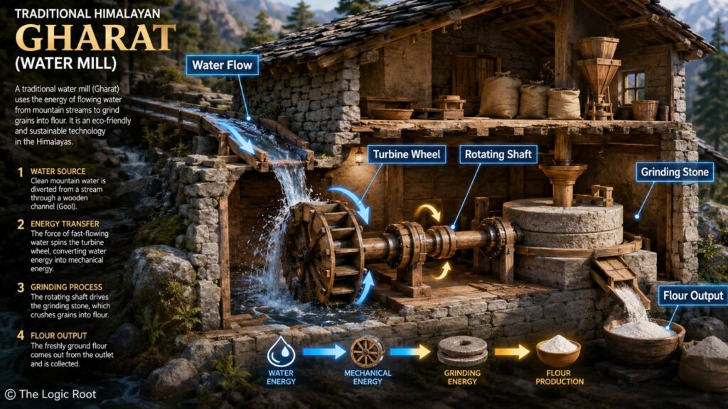 Gharat water mill working mechanism diagram