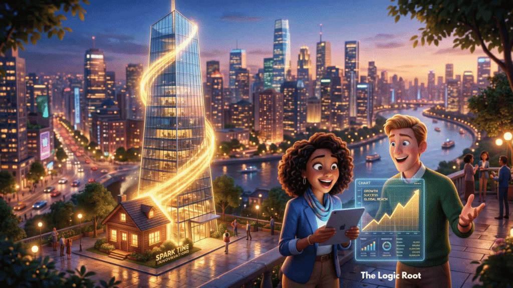 Small business transforming into a large public company skyscraper in Pixar-style animation
