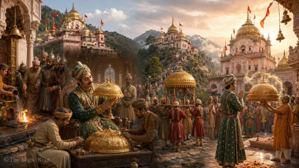 मुगल सम्राट अकबर द्वारा ज्वालामुखी शक्तिपीठ में स्वर्ण छत्र अर्पित करने की कथा दर्शाता 3D Pixar स्टाइल चित्र, जिसमें अकबर माता ज्वालामुखी को सोने का छत्र भेंट करते हुए दिखाई दे रहे हैं।