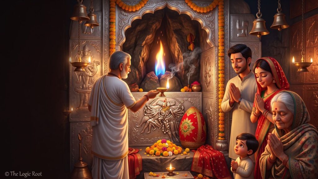 ज्वालामुखी शक्तिपीठ मंदिर में प्राकृतिक अखंड ज्योति की पूजा करते पुजारी और श्रद्धालुओं का 3D Pixar स्टाइल चित्र, जिसमें माता की दिव्य ज्योति, आरती और मंदिर का पवित्र गर्भगृह दर्शाया गया है।