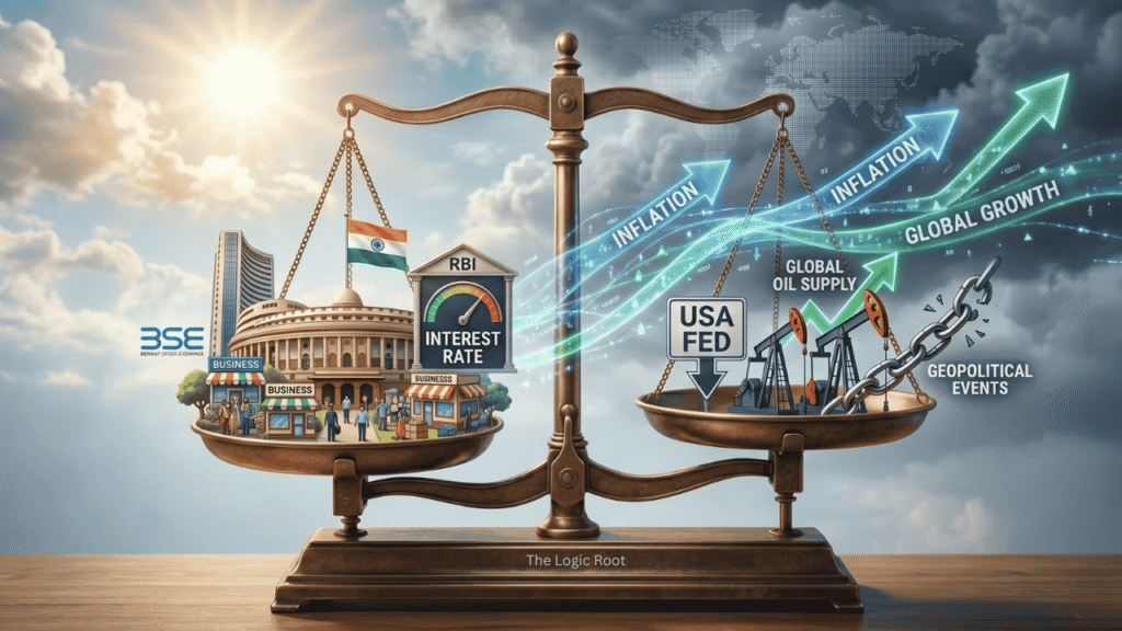 Ek bada tarazu (weighing scale) jiske left palde mein Indian economy (RBI Interest Rate, Parliament, BSE, local businesses) hai aur right palde mein global factors (USA FED, Global Oil Supply, Inflation, Geopolitical Events) dikhaye gaye hain.