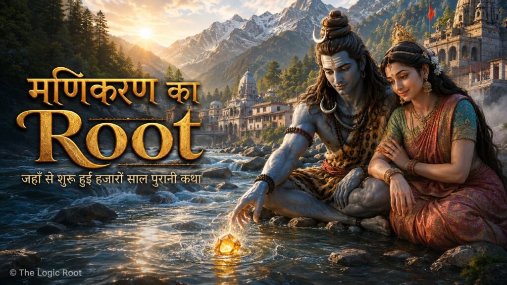 भगवान शिव और माता पार्वती से जुड़ी मणिकरण की पौराणिक कथा दर्शाता चित्र, जिसमें पार्वती नदी और मणिकरण घाटी दिखाई गई है।