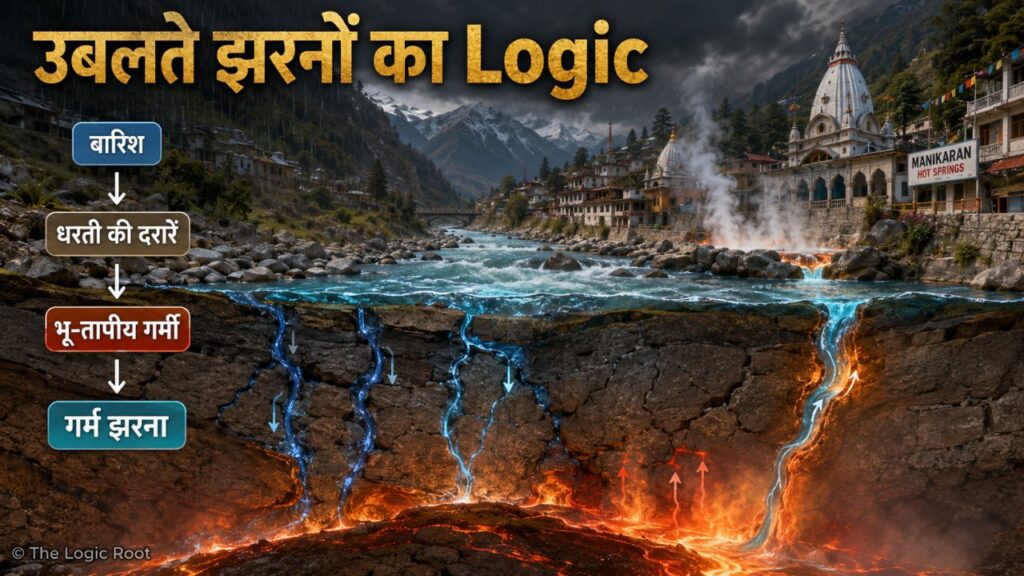 मणिकरण के प्राकृतिक गर्म पानी के झरनों की वैज्ञानिक प्रक्रिया दर्शाता इन्फोग्राफिक, जिसमें वर्षा का जल, धरती की दरारें, भू-तापीय गर्मी और गर्म झरनों के बनने की प्रक्रिया दिखाई गई है।