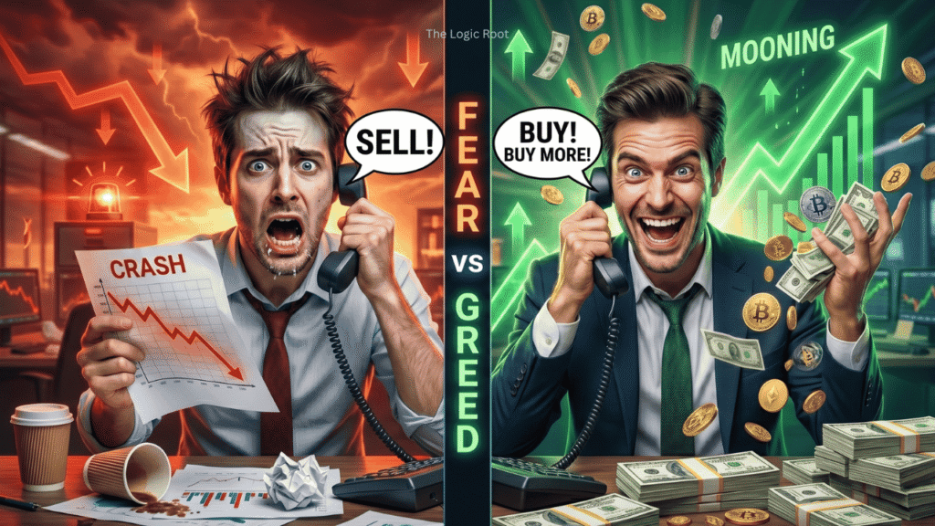 Ek side-by-side split image jisme left mein ek ghabraya hua trader 'SELL!' chilla raha hai aur CRASH chart pakde hai (FEAR side), jabki right mein ek khush trader 'BUY!' chilla raha hai aur paison aur crypto ke saath hai (GREED side). Beech mein 'The Logic Root' logo hai.
