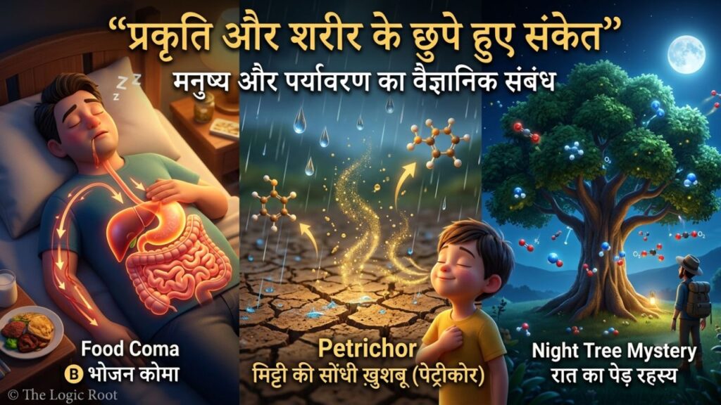 Food Coma, Petrichor और Night Tree Mystery को दर्शाती हुई Image, जिसमें Human Body और Nature से जुड़े Scientific Facts को सरल तरीके से समझाया गया है।