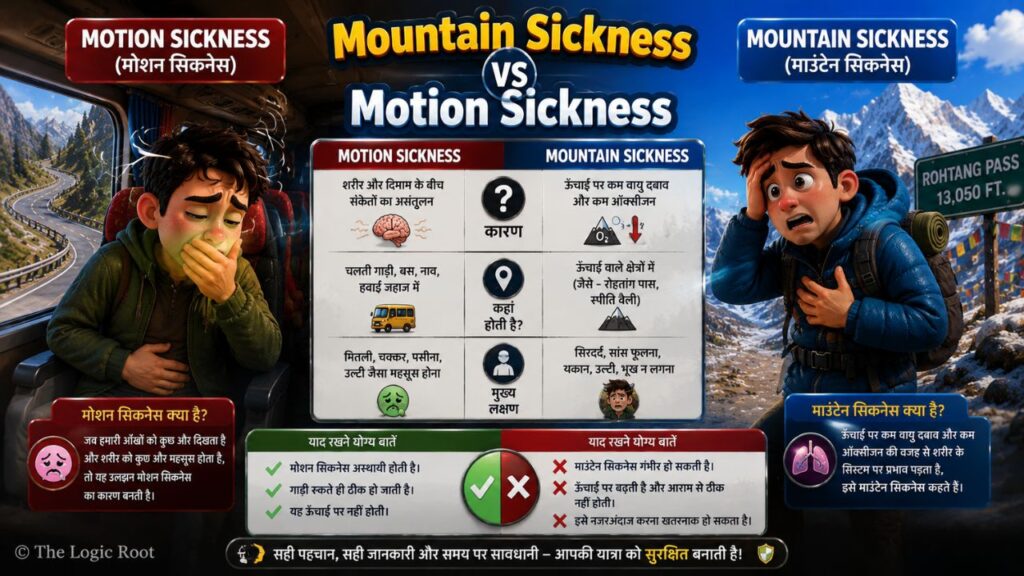 मोशन सिकनेस और माउंटेन सिकनेस के बीच अंतर समझाता इन्फोग्राफिक, जिसमें कारण, लक्षण और दोनों स्थितियों की तुलना दिखाई गई है।