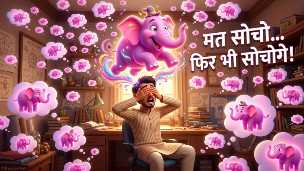 बार-बार एक ही विचार आने और उसे रोकने की कोशिश को दर्शाता चित्र, जिसमें एक व्यक्ति के मन में लगातार गुलाबी हाथियों की कल्पना दिखाई गई है।