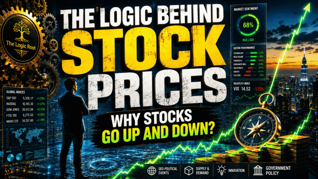 Ek professional businessman ek bade dashboard ke saamne khada hai jahan 'THE LOGIC BEHIND STOCK PRICES: WHY STOCKS GO UP AND DOWN?' likha hai. Image mein market sentiment, global indices, gears, aur ek compass dikhaye gaye hain.