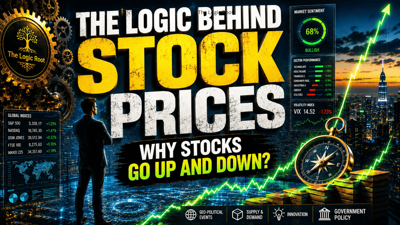Ek professional businessman ek bade dashboard ke saamne khada hai jahan 'THE LOGIC BEHIND STOCK PRICES: WHY STOCKS GO UP AND DOWN?' likha hai. Image mein market sentiment, global indices, gears, aur ek compass dikhaye gaye hain.