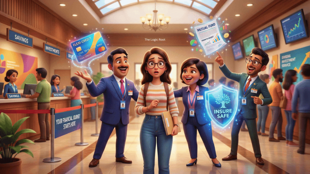 3D Pixar style illustration of bank staff offering multiple financial products like credit cards and insurance to a customer.