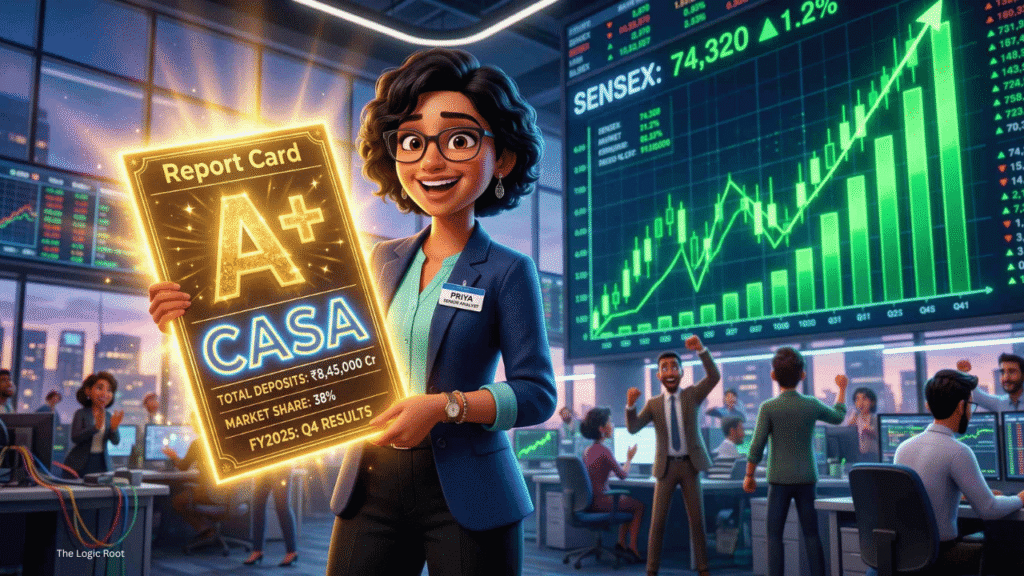 A 3D animated character holding a report card with high CASA ratio score next to rising stock charts.