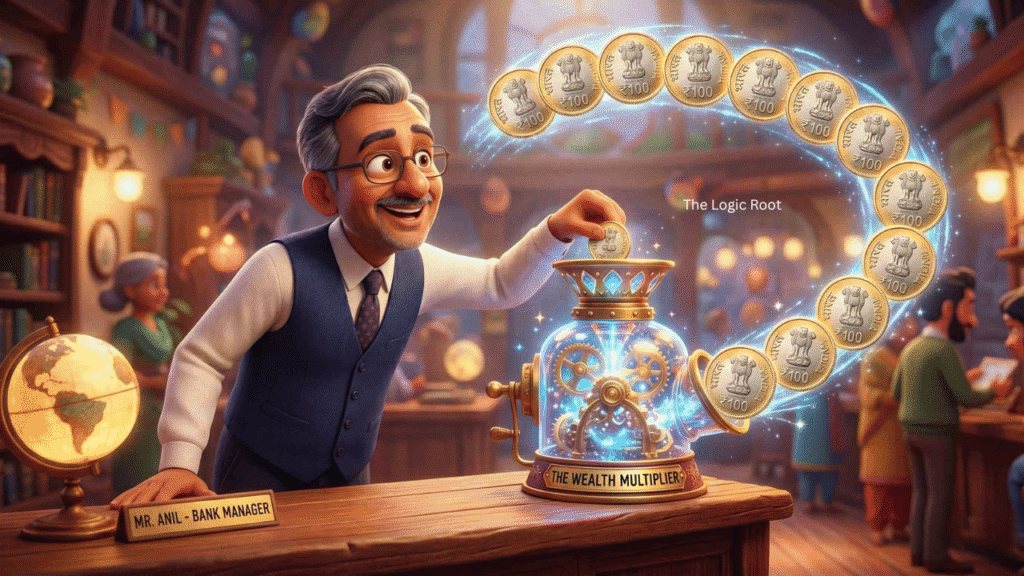 Pixar style 3D render of a single rupee coin multiplying through a magical machine, representing fractional reserve banking.
