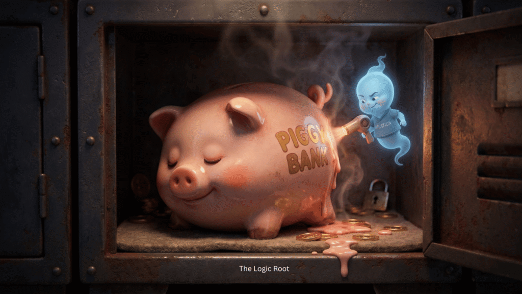 A 3D Pixar style piggy bank slowly losing its size due to an inflation cartoon monster inside a bank locker.