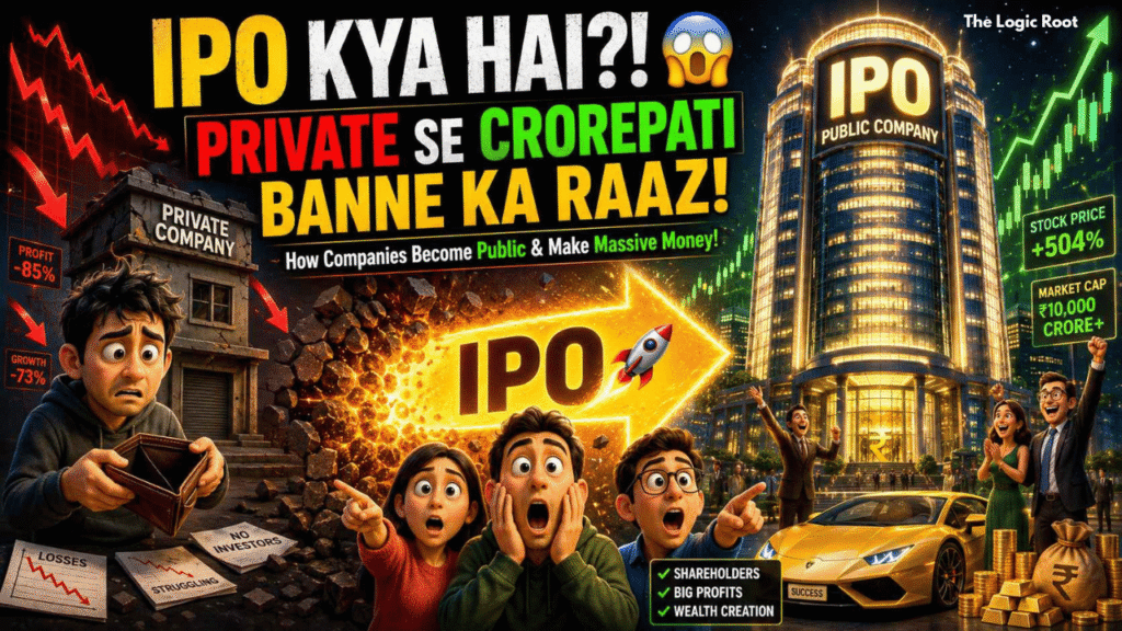 A side-by-side comparison showing a struggling private company with financial losses versus a successful public company after an IPO, illustrating stock market wealth creation.