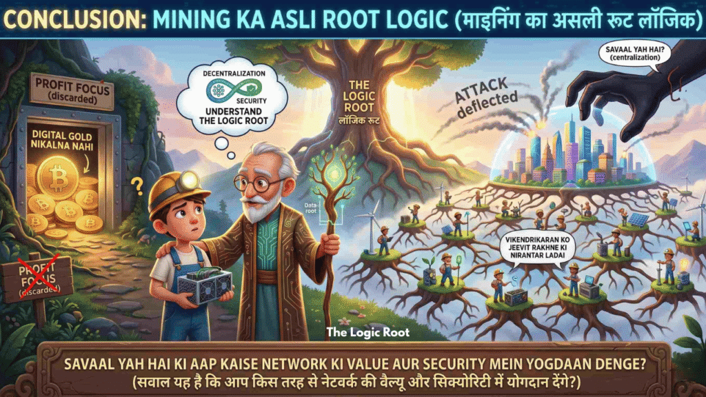 "An educational 3D illustration showing a miner and a mentor discussing the core philosophy of cryptocurrency mining: prioritizing network security and decentralization over pure profit."