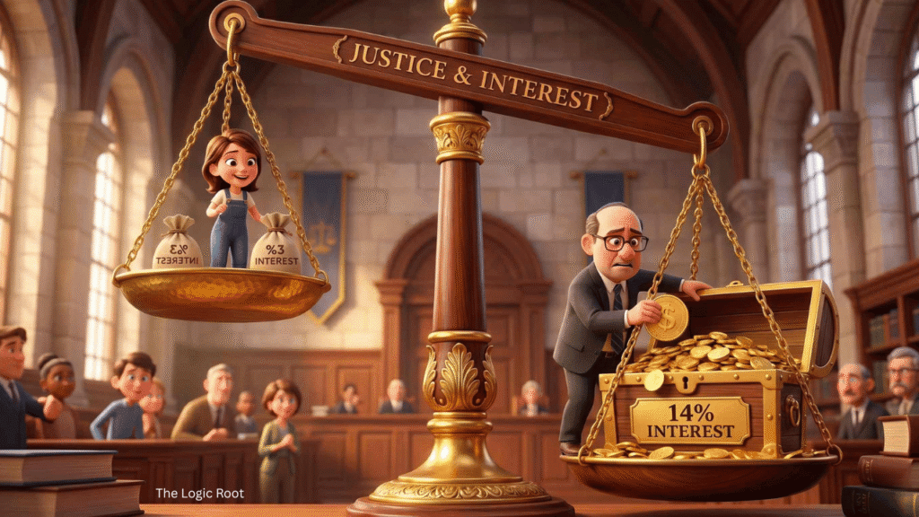 3D animated scales showing the massive gap between low savings interest and high loan interest rates.