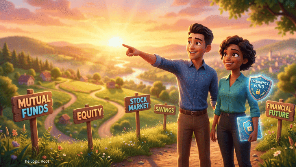 An empowering 3D Pixar style illustration of a financial mentor guiding a student toward smart investing and wealth creation.