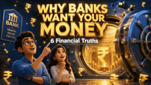 "Pixar-style 3D illustration of an open bank vault with glowing golden light, featuring a young Indian man and woman pointing at bold gold text that reads 'Why Banks Want Your Money - 6 Financial Truths' with floating Rupee symbols."