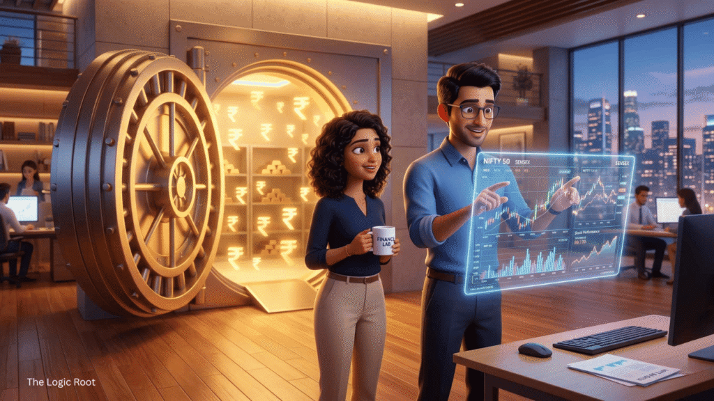 Why banks want your money 3D Pixar style illustration of a financial expert explaining banking concepts to a colleague in a high-tech office