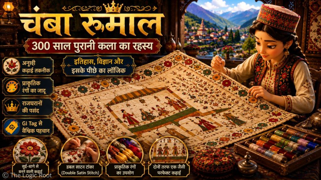 Chamba Rumal पर पारंपरिक कढ़ाई करती हुई हिमाचली महिला, 300 साल पुरानी GI Tag कला की 3D Pixar शैली में प्रस्तुति