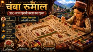 Chamba Rumal पर पारंपरिक कढ़ाई करती हुई हिमाचली महिला, 300 साल पुरानी GI Tag कला की 3D Pixar शैली में प्रस्तुति
