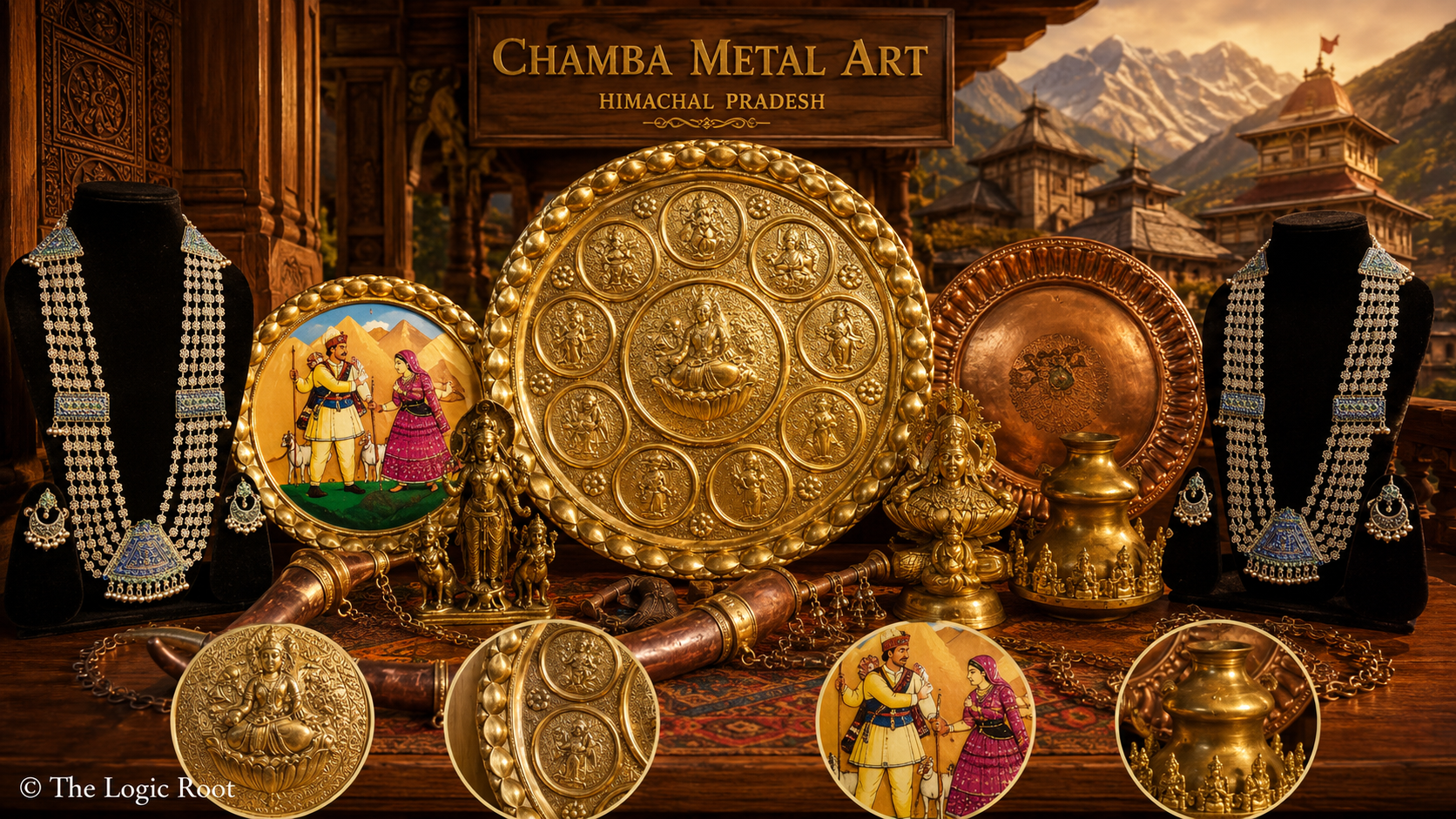 Chamba Metal Art की पारंपरिक धातु कलाकृतियों का 3D चित्र, जिसमें नक्काशीदार पीतल की थालियां, हिमाचली आभूषण, धातु मूर्तियां और चंबा पैलेस दर्शाया गया है।