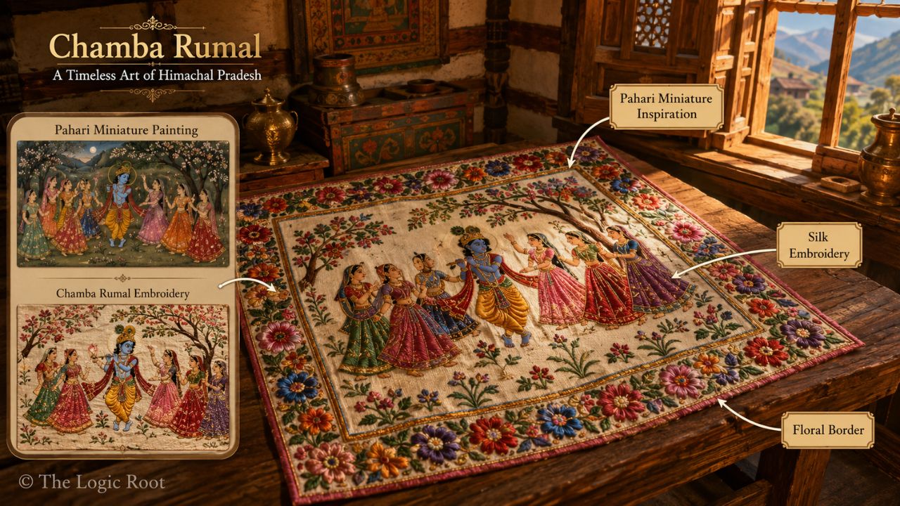 Traditional Chamba Rumal inspired by Pahari Miniature Painting
