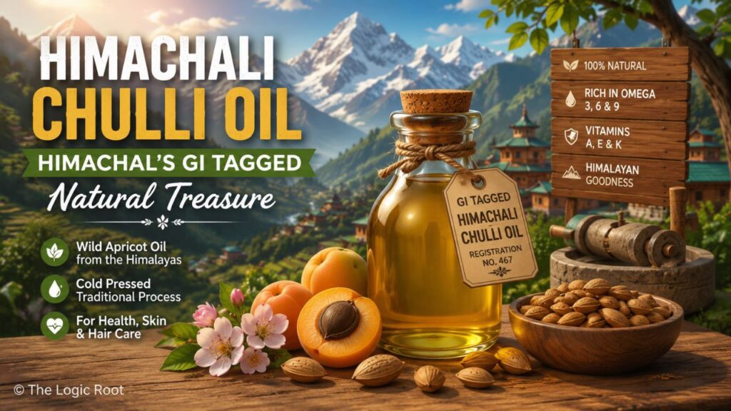 Himachali Chulli Oil GI Tagged wild apricot oil bottle with Kinnaur and Spiti Himalayan mountains in the background