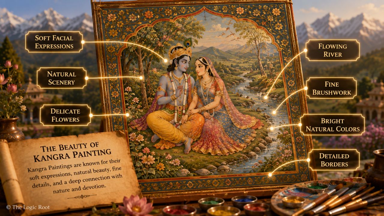 Kangra Painting की प्रमुख विशेषताएँ।