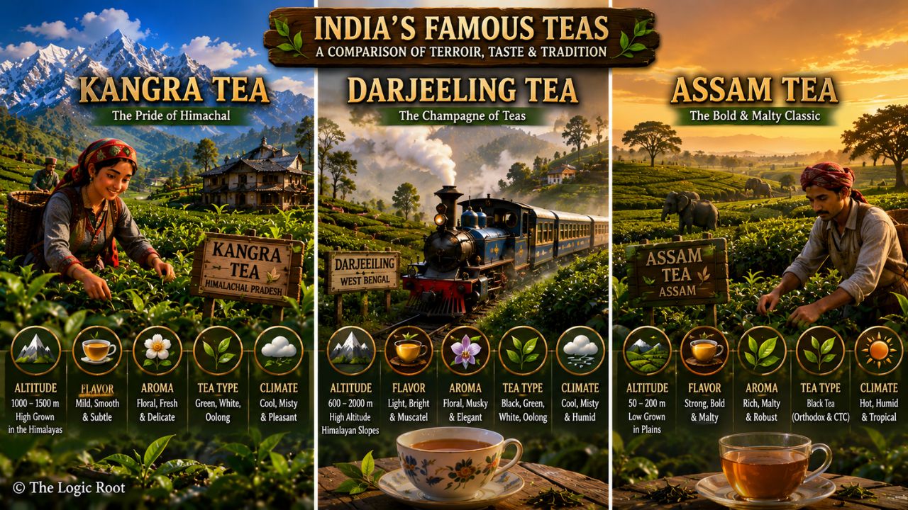 Kangra Tea vs Darjeeling vs Assam Comparison of Kangra Tea, Darjeeling Tea and Assam Tea