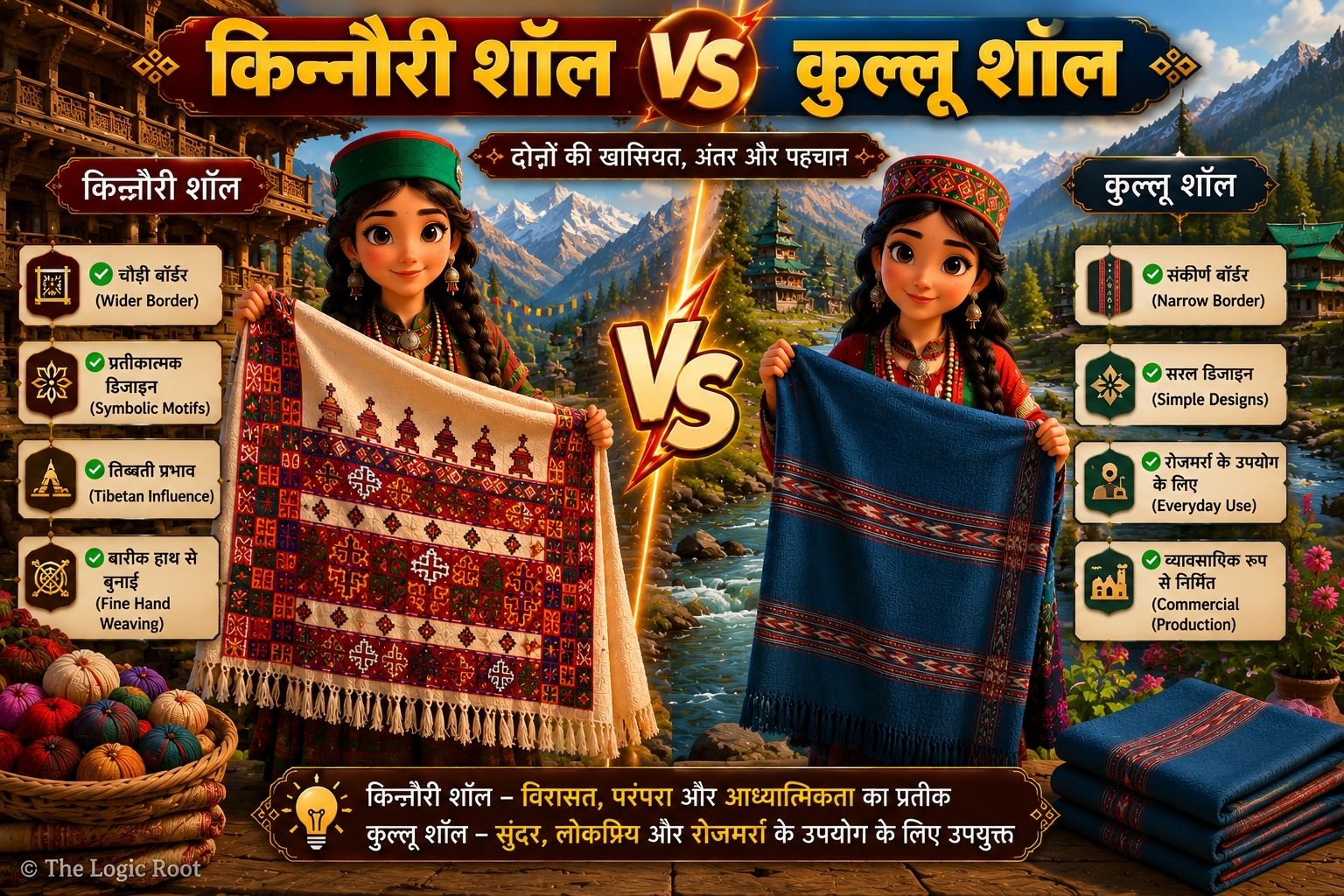 Comparison between authentic Kinnauri Shawl and Kullu Shawl showing design and border differences