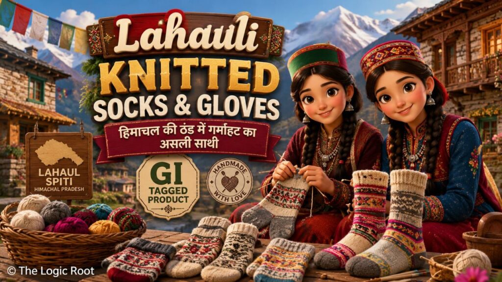 Lahauli Knitted Socks & Gloves handmade GI Tag product in 3D Pixar style featuring Himachali women in traditional dress knitting colorful woolen socks in Lahaul-Spiti, Himachal Pradesh.