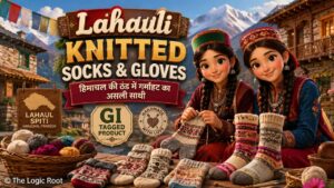 Lahauli Knitted Socks & Gloves handmade GI Tag product in 3D Pixar style featuring Himachali women in traditional dress knitting colorful woolen socks in Lahaul-Spiti, Himachal Pradesh.