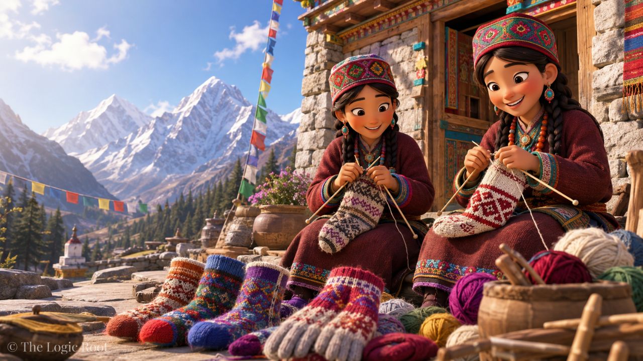 Lahauli Knitted Socks & Gloves बनाती हुई पारंपरिक हिमाचली महिलाएं।