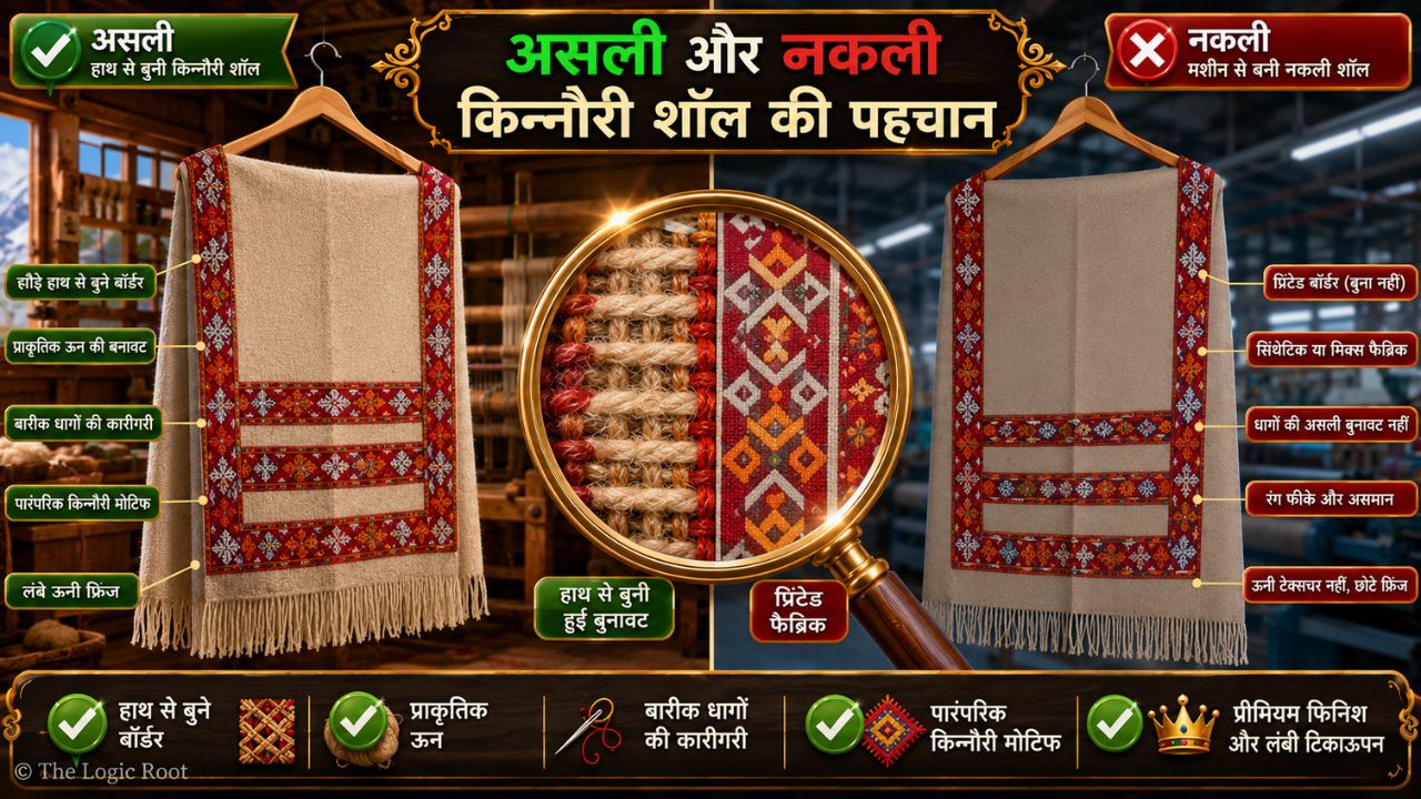 Original vs Fake Kinnauri Shawl comparison showing authentic handwoven border and machine-made imitation shawl