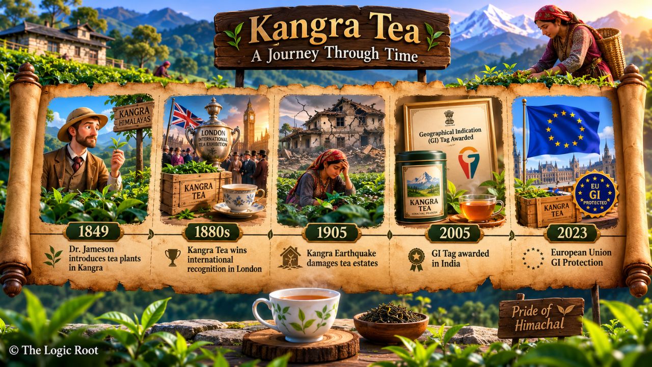 The History Of Kangra Tea Timeline showing the history of Kangra Tea from 1849 to EU GI protection