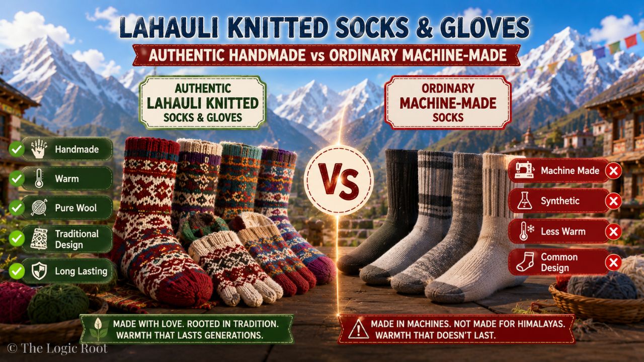 असली Lahauli Knitted Socks & Gloves और सामान्य मोजों की तुलना।