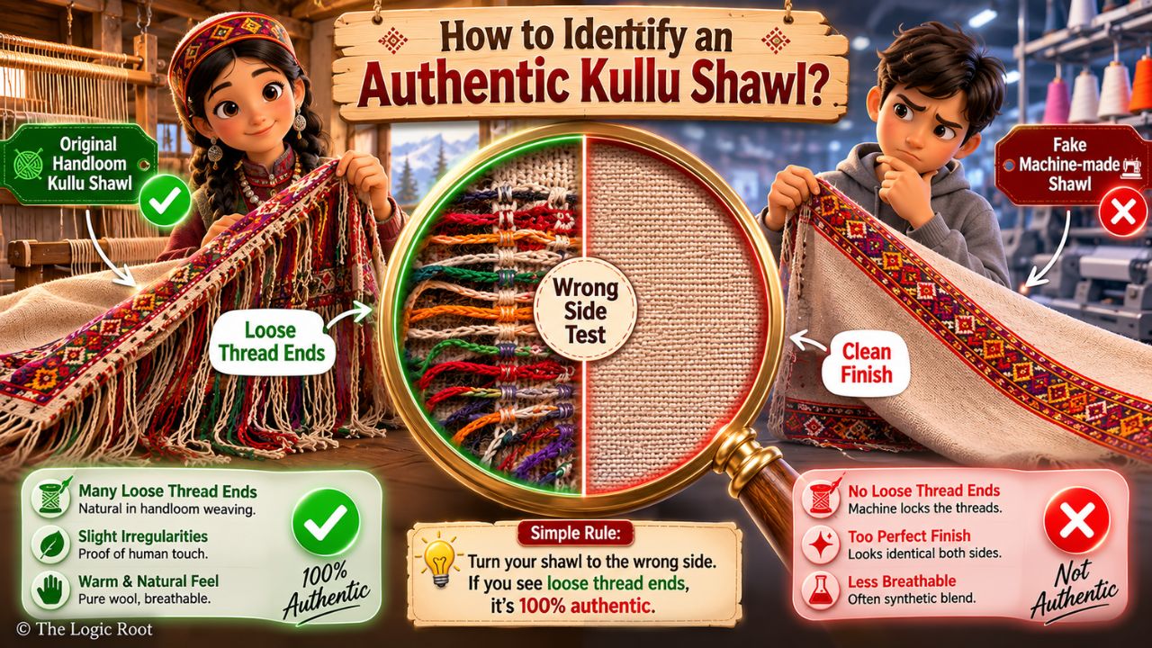 comparison infographic Original vs Fake Kullu Shawl