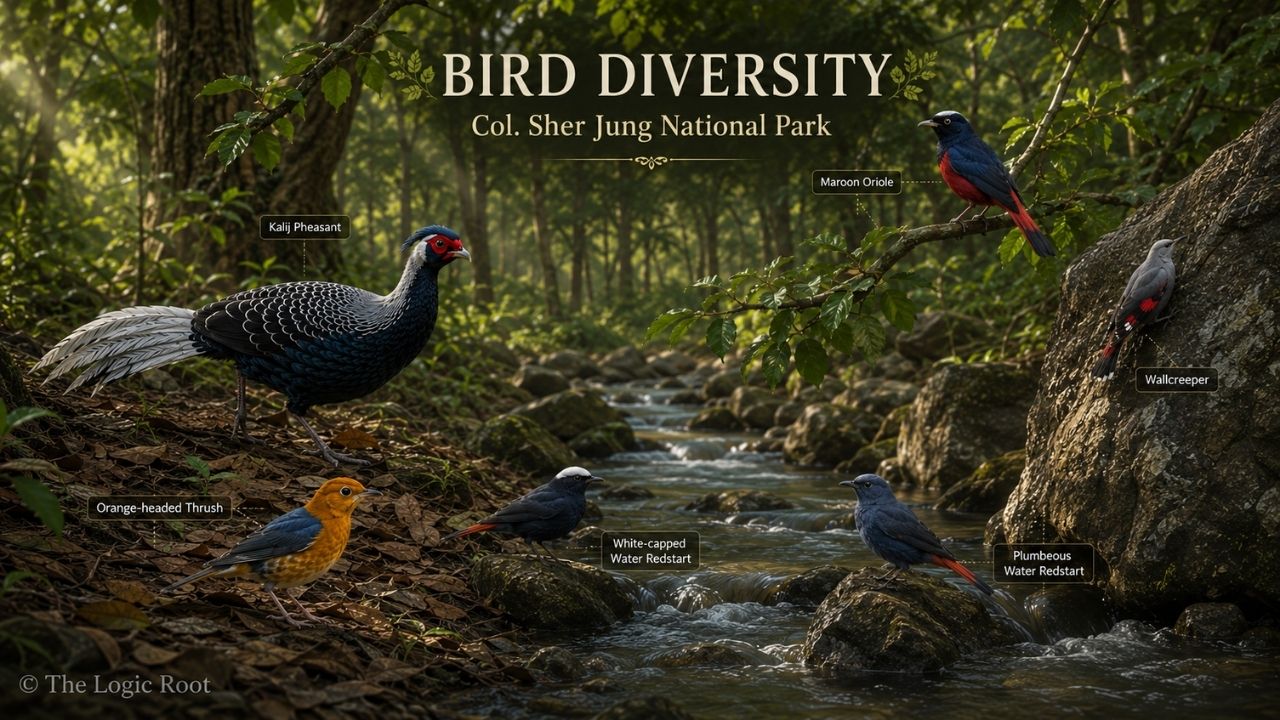 Bird diversity in Col. Sher Jung National Park with Kalij pheasant orioles thrush and water redstarts