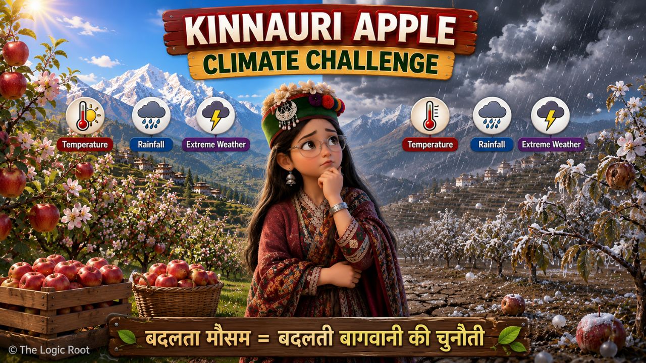 Climate change का Kinnauri Apple farming पर प्रभाव दिखाती Kinnaur orchard illustration