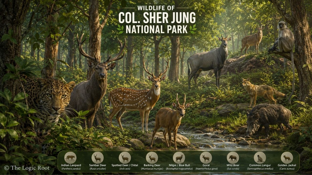 ALT Text:
Wildlife of Col. Sher Jung National Park featuring leopard sambar chital barking deer nilgai and goral
