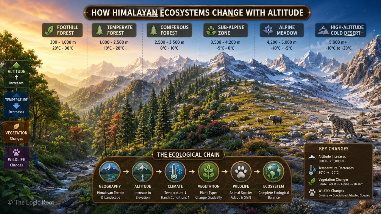 हिमालय में altitude के साथ climate, vegetation और wildlife बदलने की 3D educational illustration