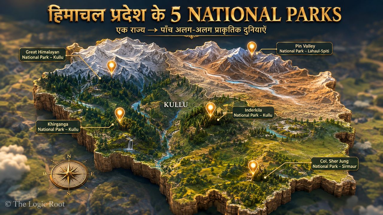 हिमाचल प्रदेश के 5 National Parks का 3D map showing Great Himalayan, Pin Valley, Khirganga, Inderkila और Col. Sher Jung