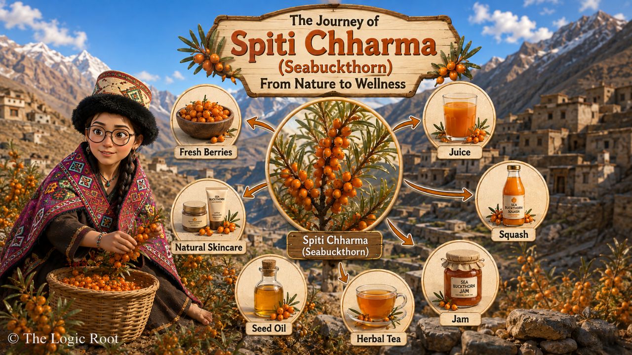 Spiti Chharma products infographic showing juice oil and jam