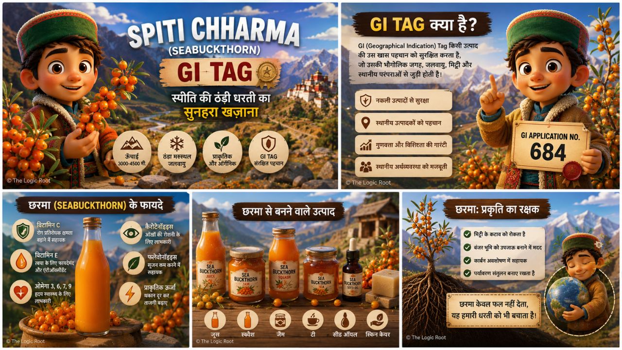 Spiti Chharma (Seabuckthorn) GI Tag infographic collage explaining benefits, GI application, products and environmental importance in Spiti Valley, Himachal Pradesh