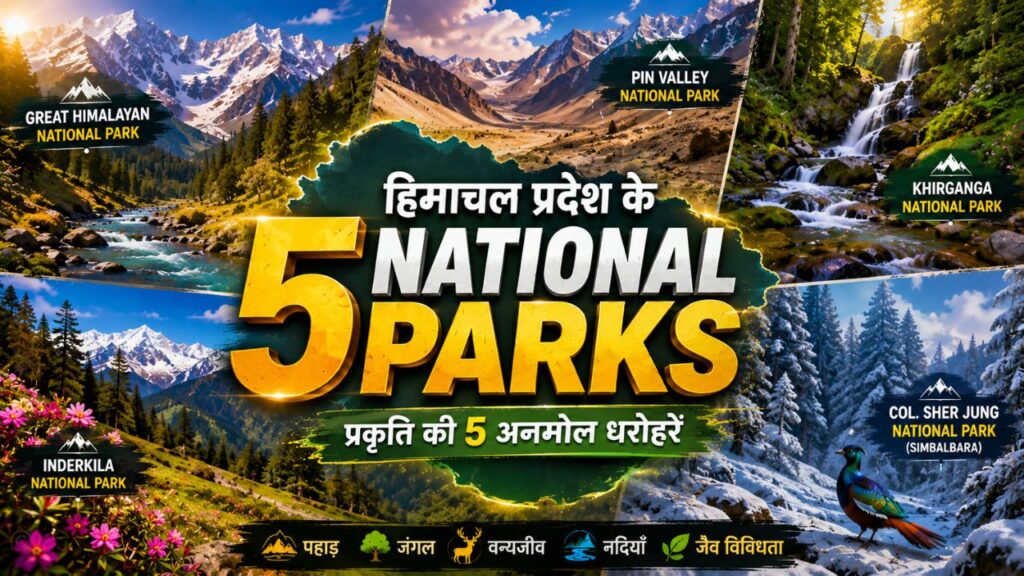 Himachal Pradesh ke 5 National Parks ka scenic collage with Himalayan mountains, forests, rivers aur wildlife