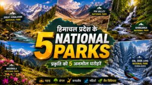 Himachal Pradesh ke 5 National Parks ka scenic collage with Himalayan mountains, forests, rivers aur wildlife