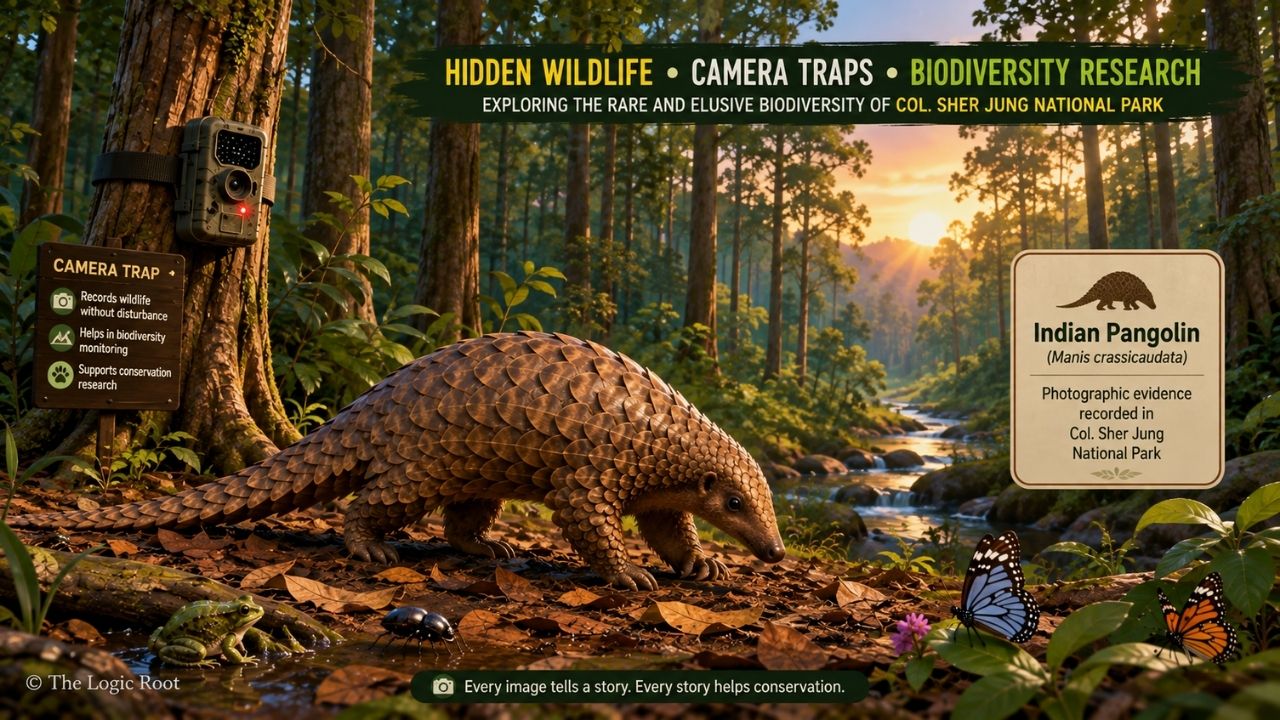 Indian pangolin in Col. Sher Jung National Park with camera trap and Sal forest habitat